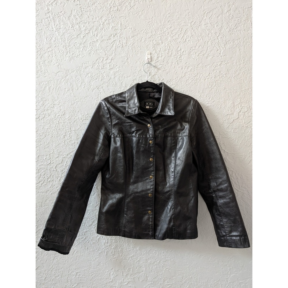 BCBG Max Azria LT 4511 Jacket Women Large Genuine Leather Black Made in USA Snap